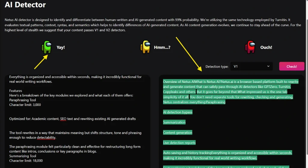 Netus AI Detector page showing detection types, color-coded feedback and a highlighted AI-generated text analysis.