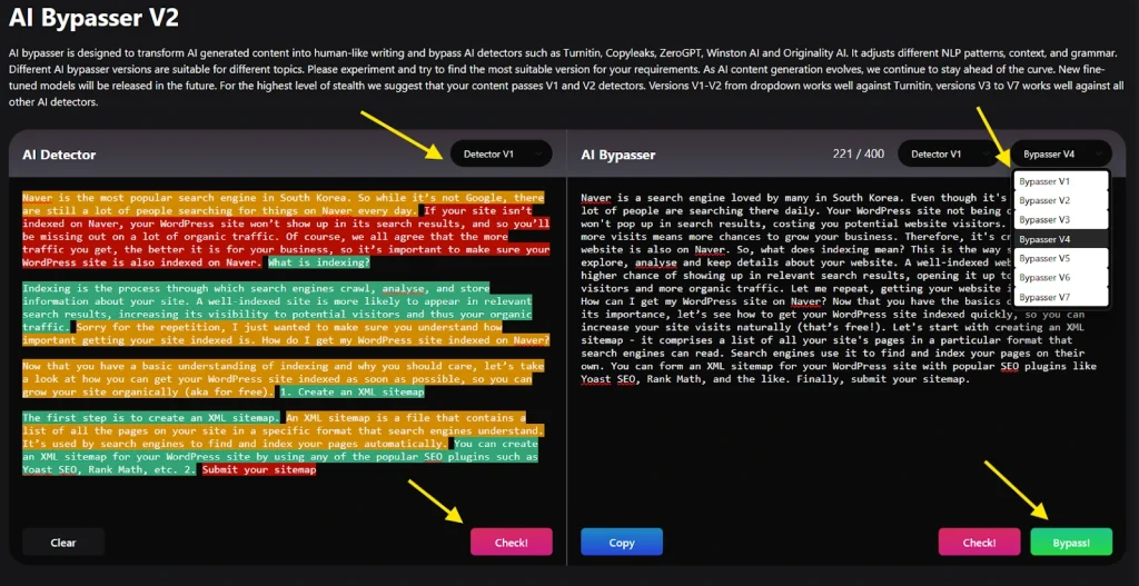 Netus AI Bypasser V2 interface showing AI Detector toggle, 400-character input limit and version dropdown.