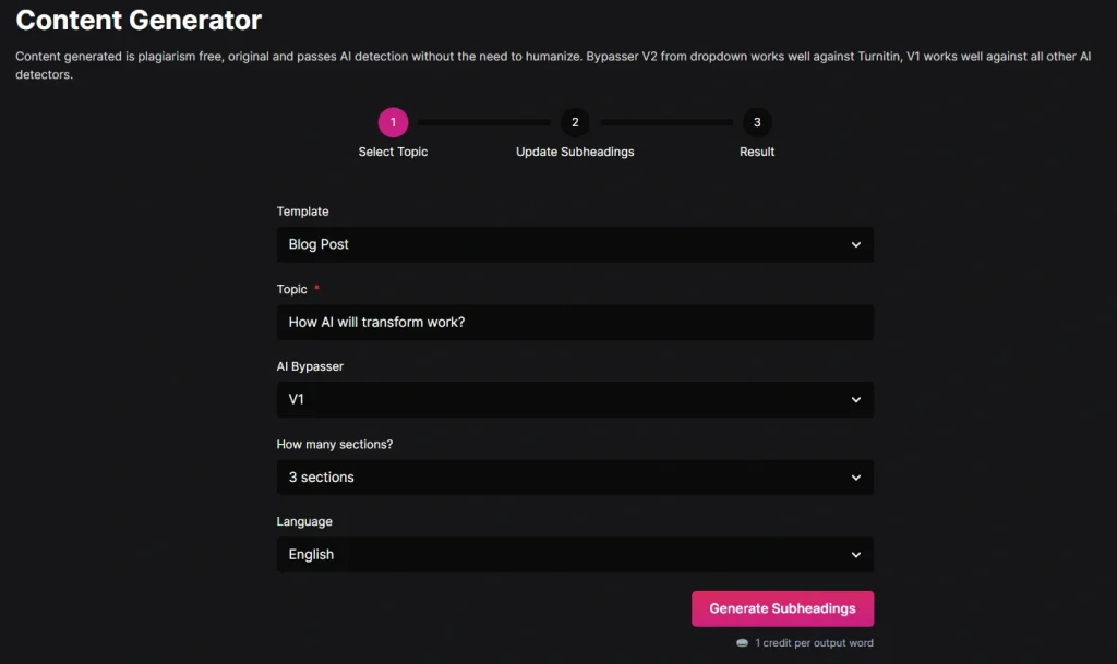 NetusAI Content Generator with template, topic, Bypass version, Sections and language is mentioned