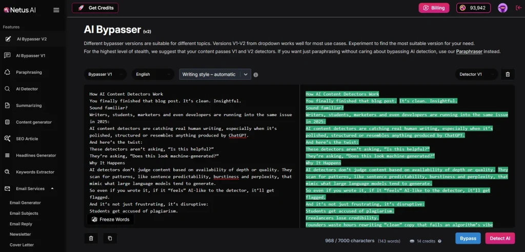 NetusAI AI Bypasser V2 interface showing AI Detector toggle, 7000-character input limit and version dropdown.